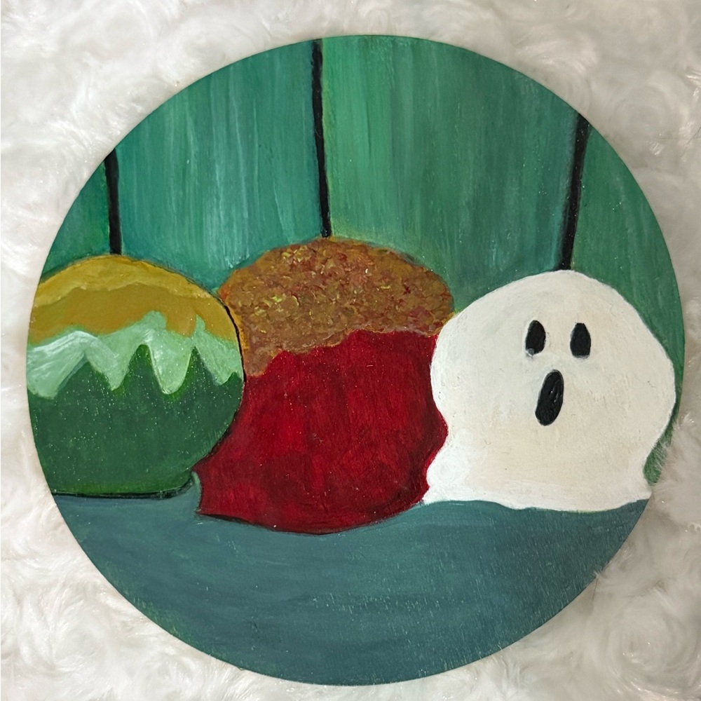 Halloween Candy Apples Ghost Acrylic Painting coaster original by Artist